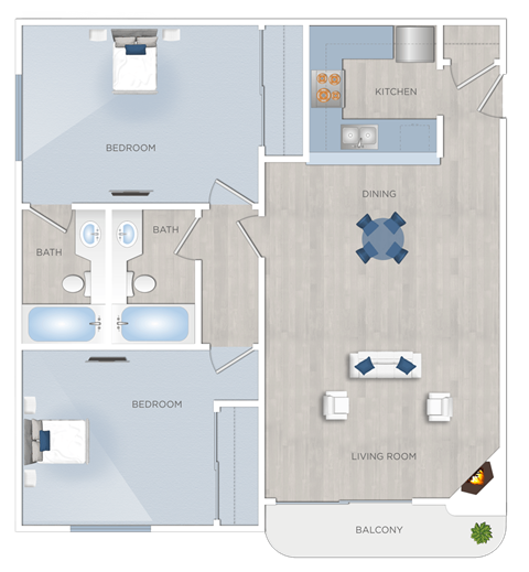 Floor plan for 2 beds, 2 baths, 865 sqft